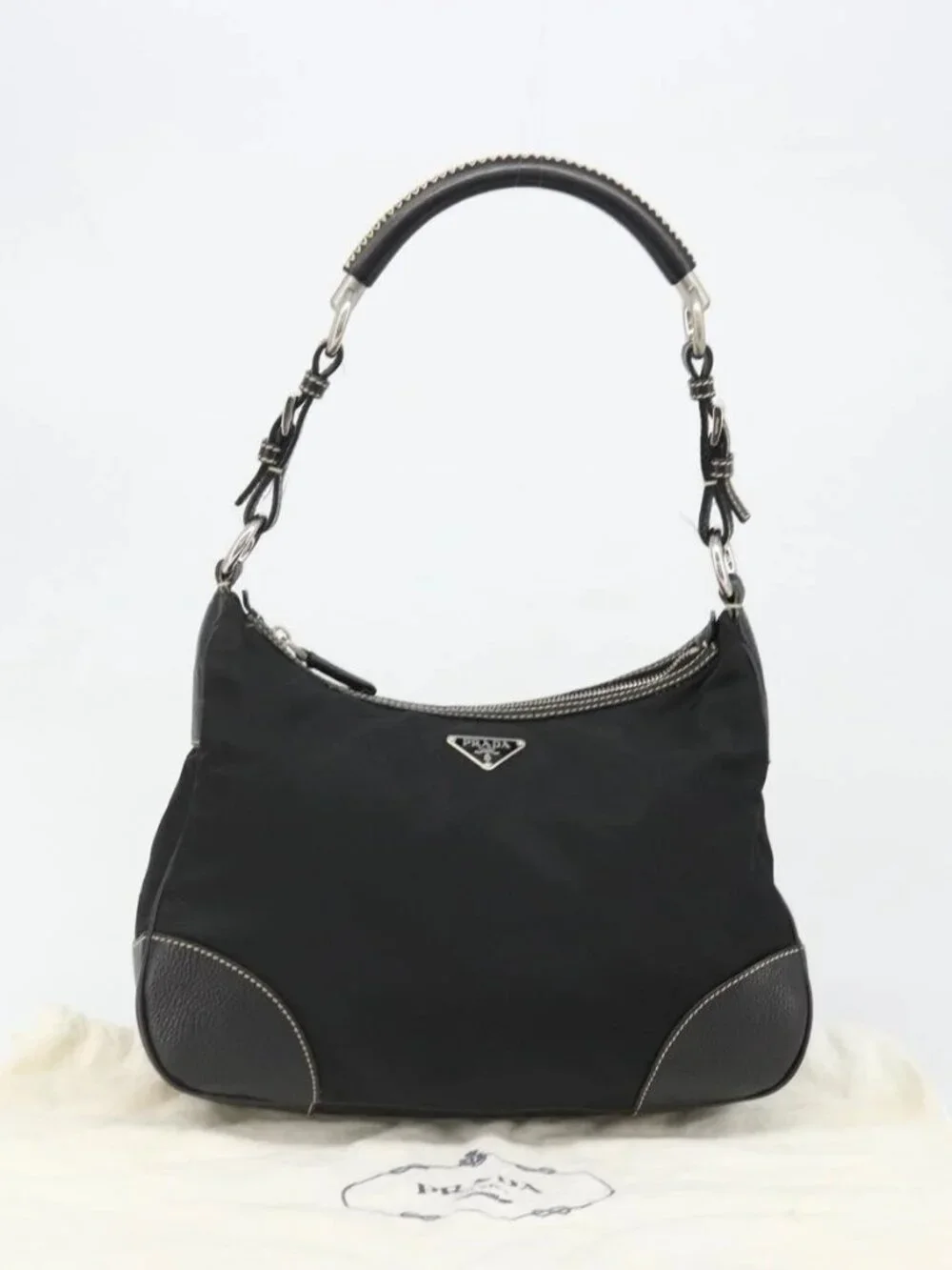 PRADA Shoulder Bag Nylon Leather Black Silver Auth 179529A